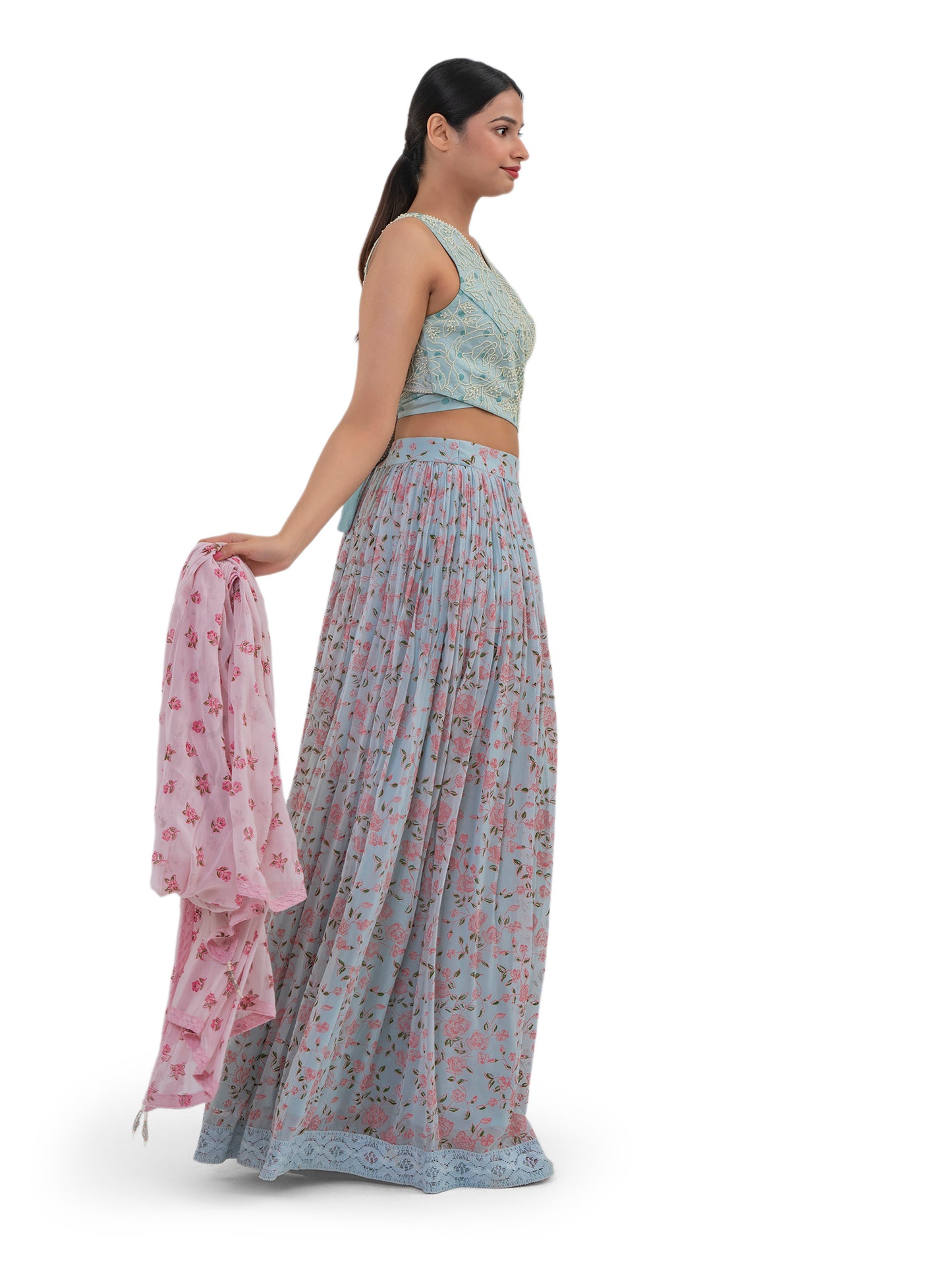 PASTEL BLUE FLORAL PRINTED LEHENGA