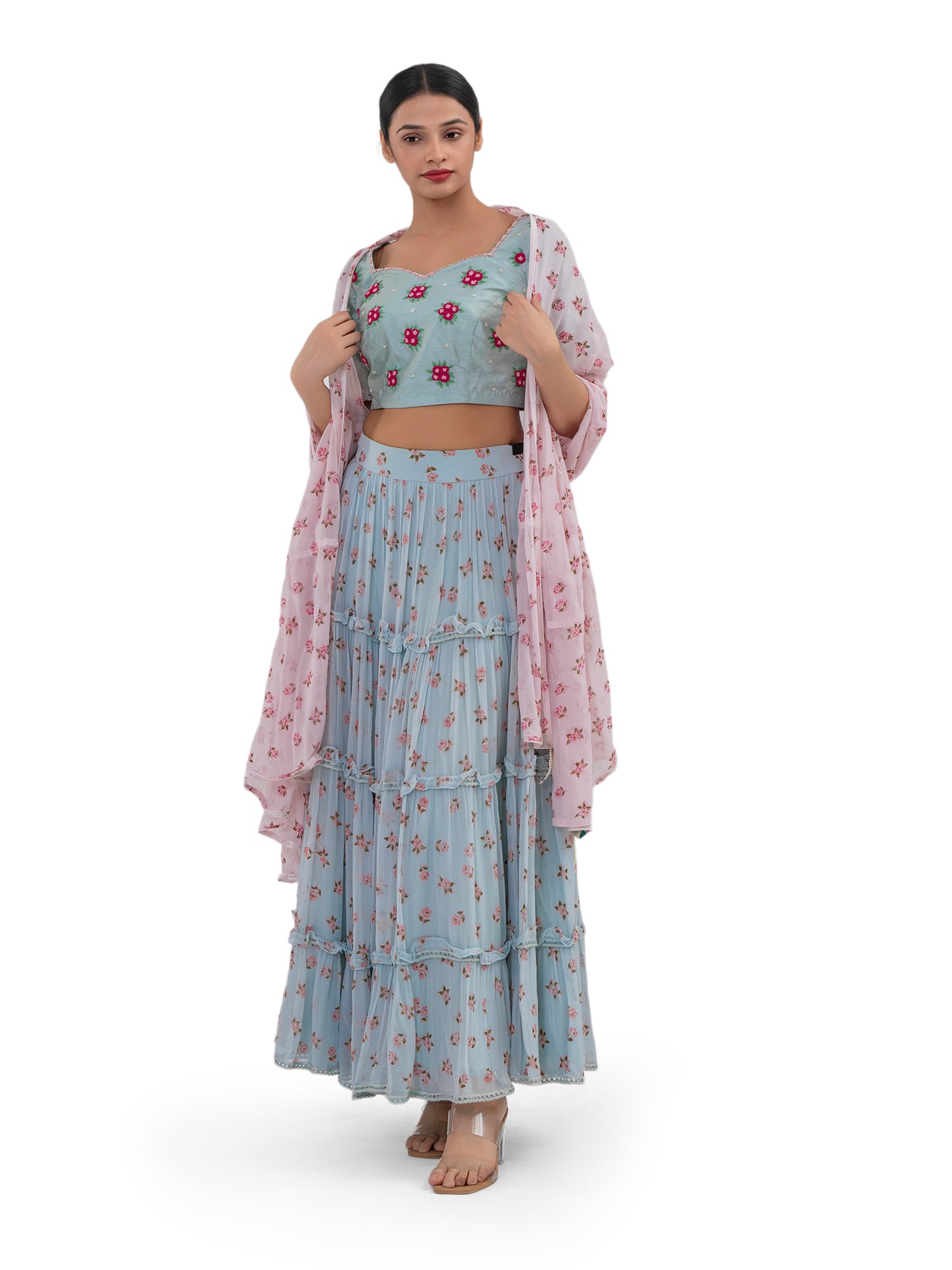 PASTEL BLUE FLORAL PRINTED TIERED LEHENGA