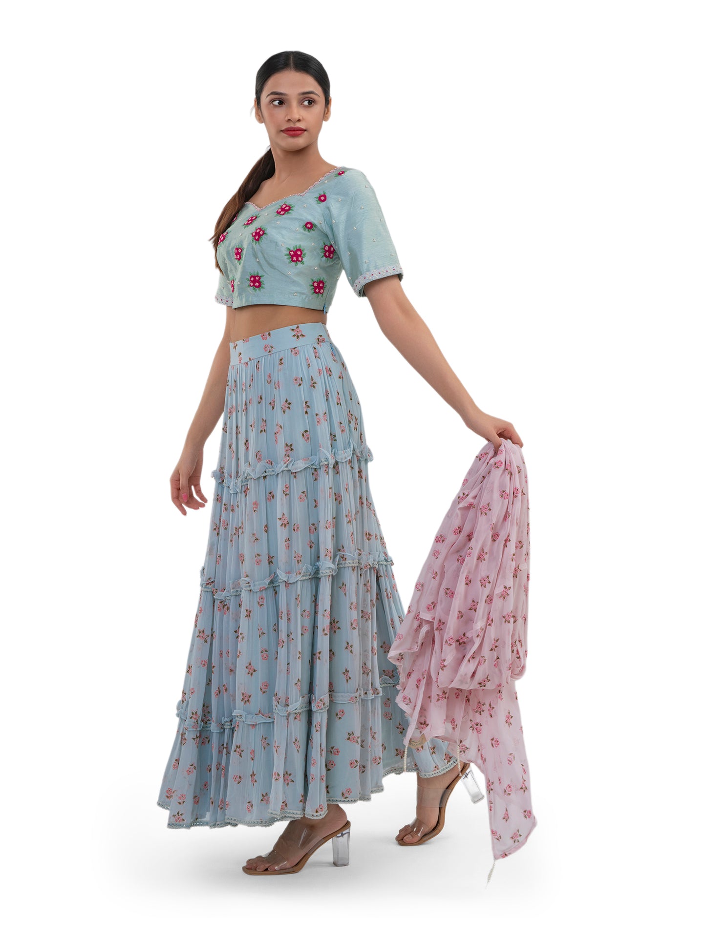 PASTEL BLUE FLORAL PRINTED TIERED LEHENGA