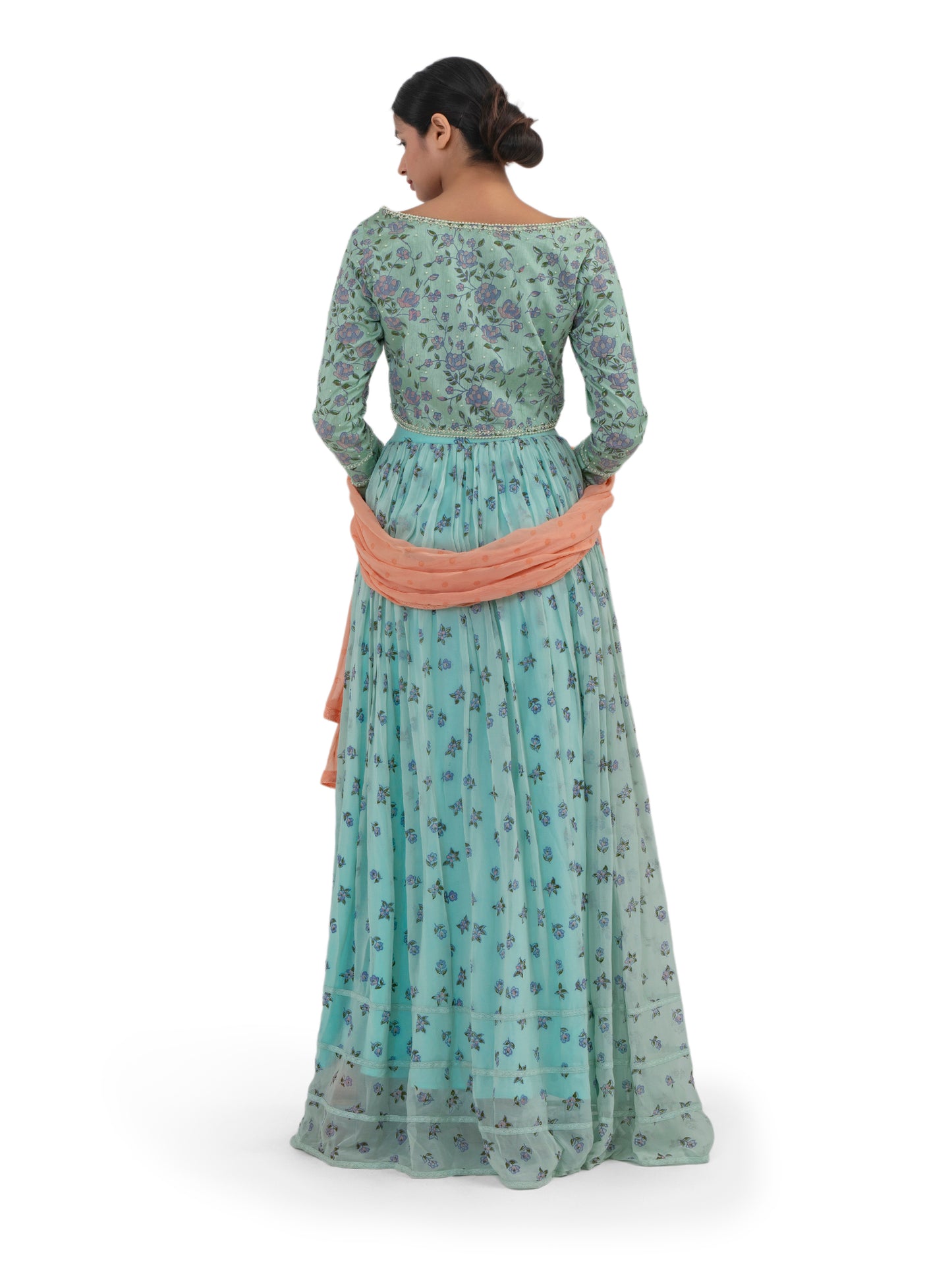 SEA GREEN FLORAL PRINTED GATHERED LEHENGA