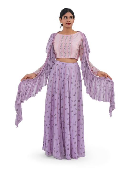 LILAC FLORAL PRINTED LACE PANELLED LEHENGA