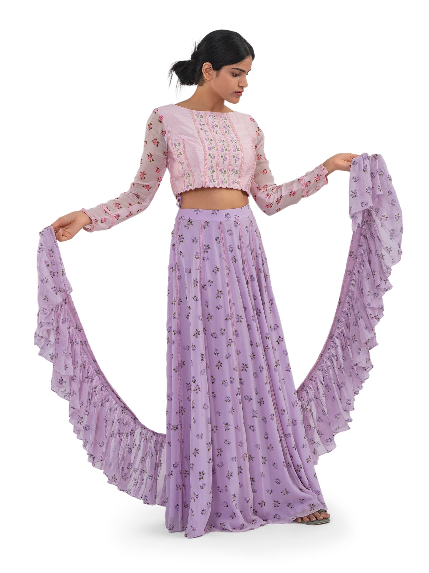 LILAC FLORAL PRINTED LACE PANELLED LEHENGA