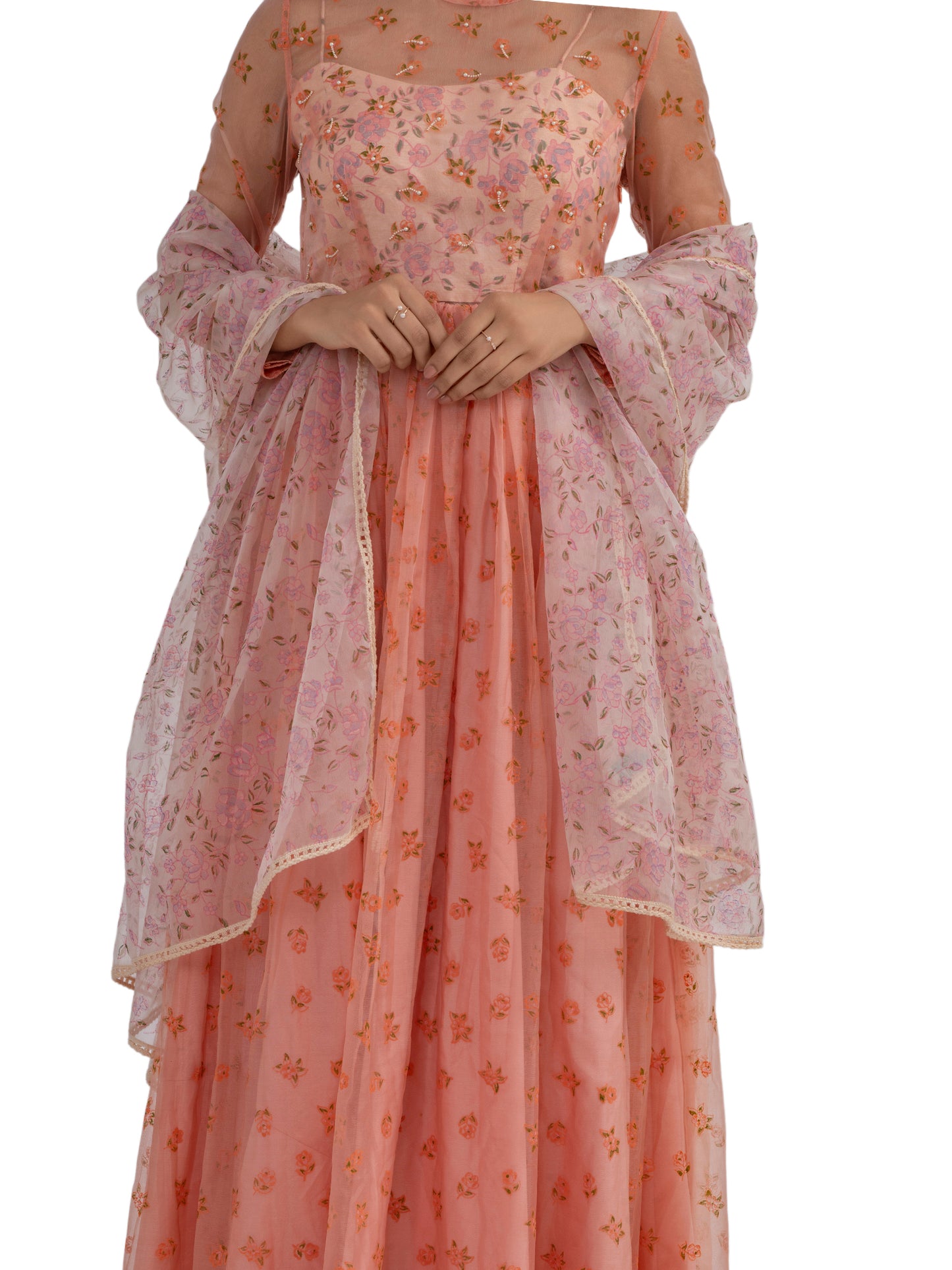 PEACH FLORAL PRINTED ANARKALI