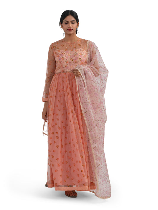 PEACH FLORAL PRINTED ANARKALI