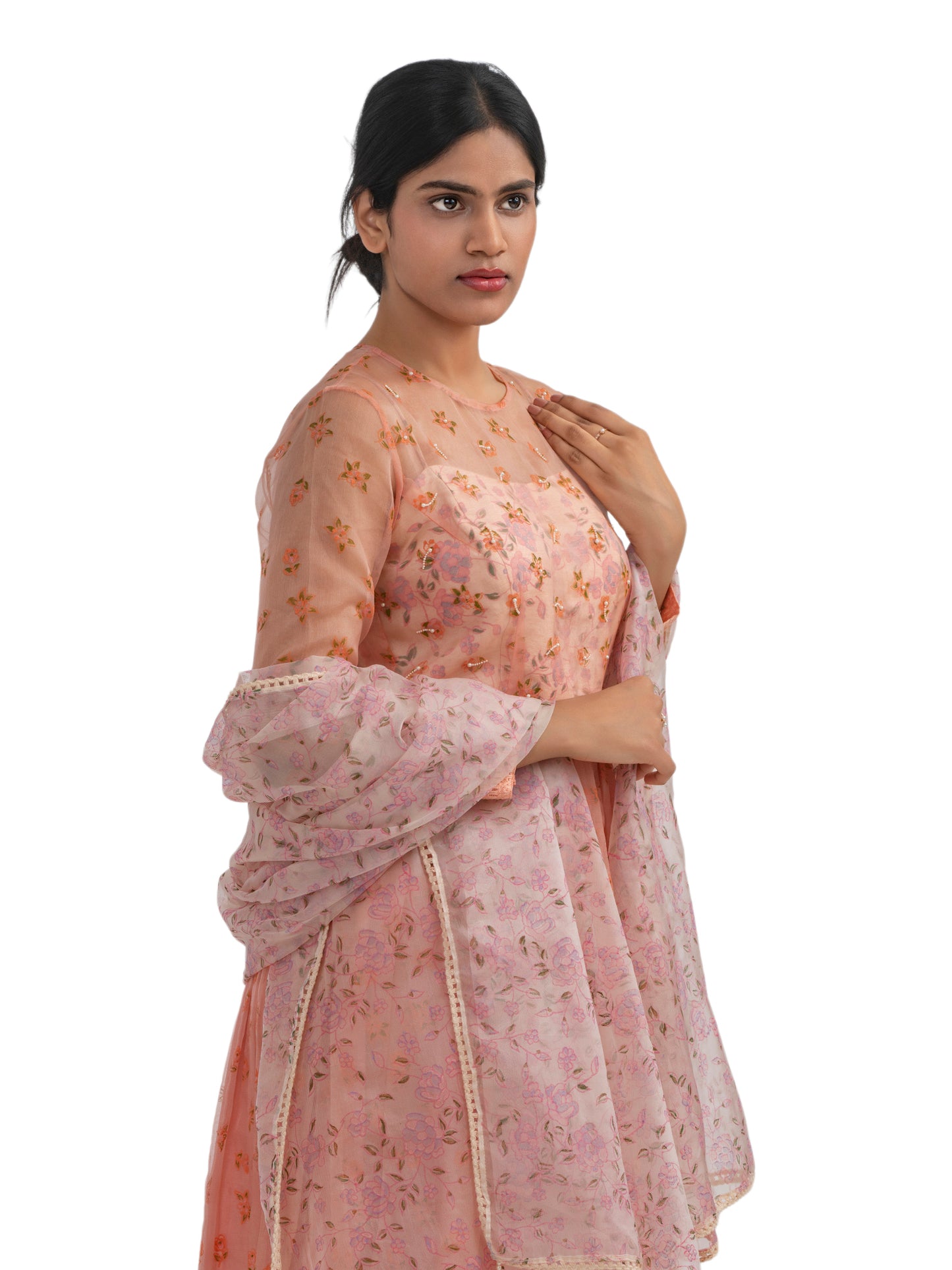 PEACH FLORAL PRINTED ANARKALI