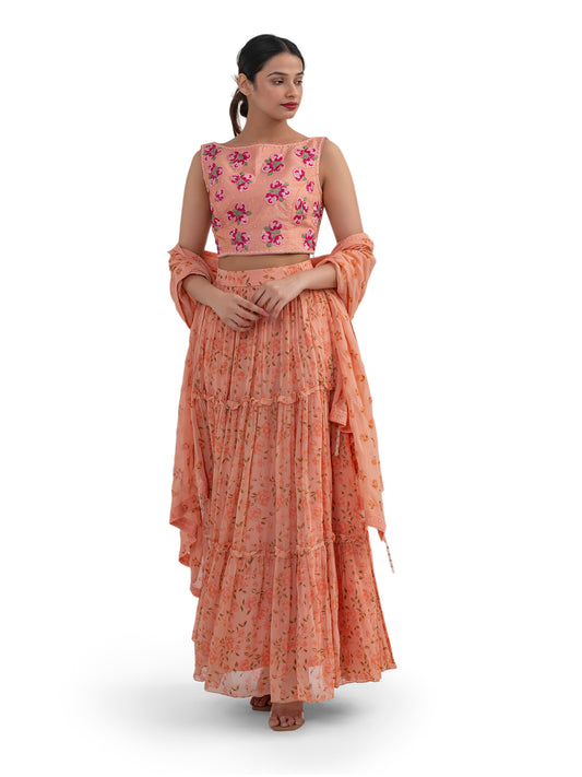 PEACH FLORAL PRINTED TIERED LEHENGA