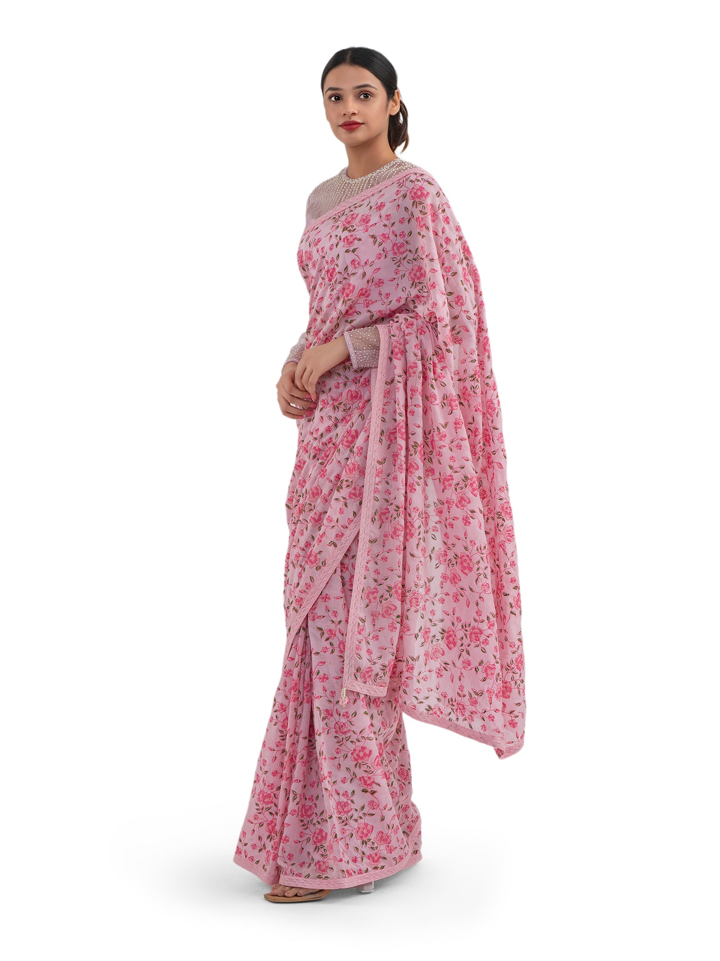 PASTEL PINK FLORAL PRINTED SAREE