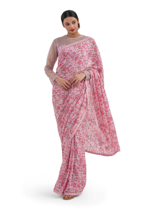 PASTEL PINK FLORAL PRINTED SAREE