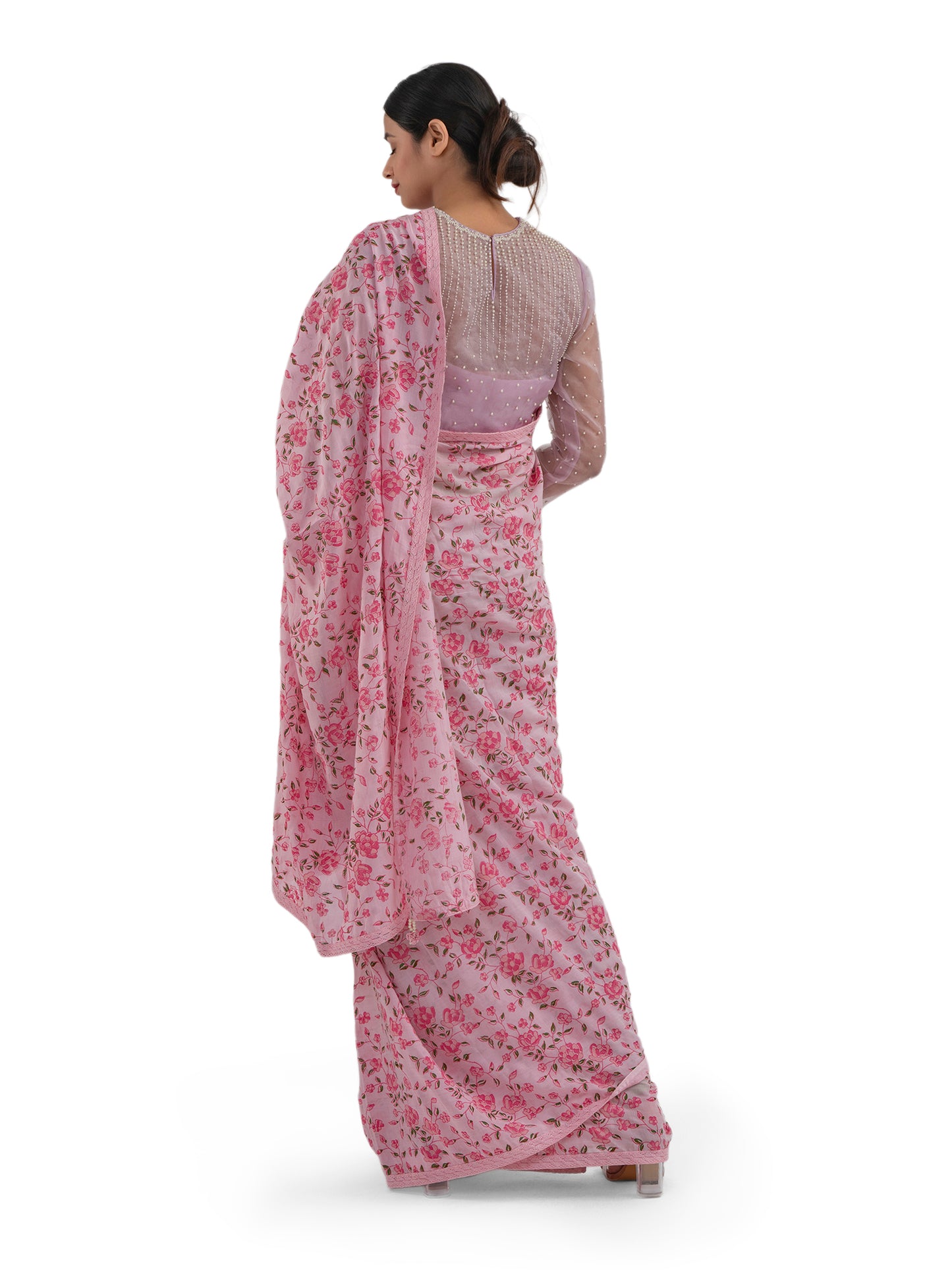 PASTEL PINK FLORAL PRINTED SAREE