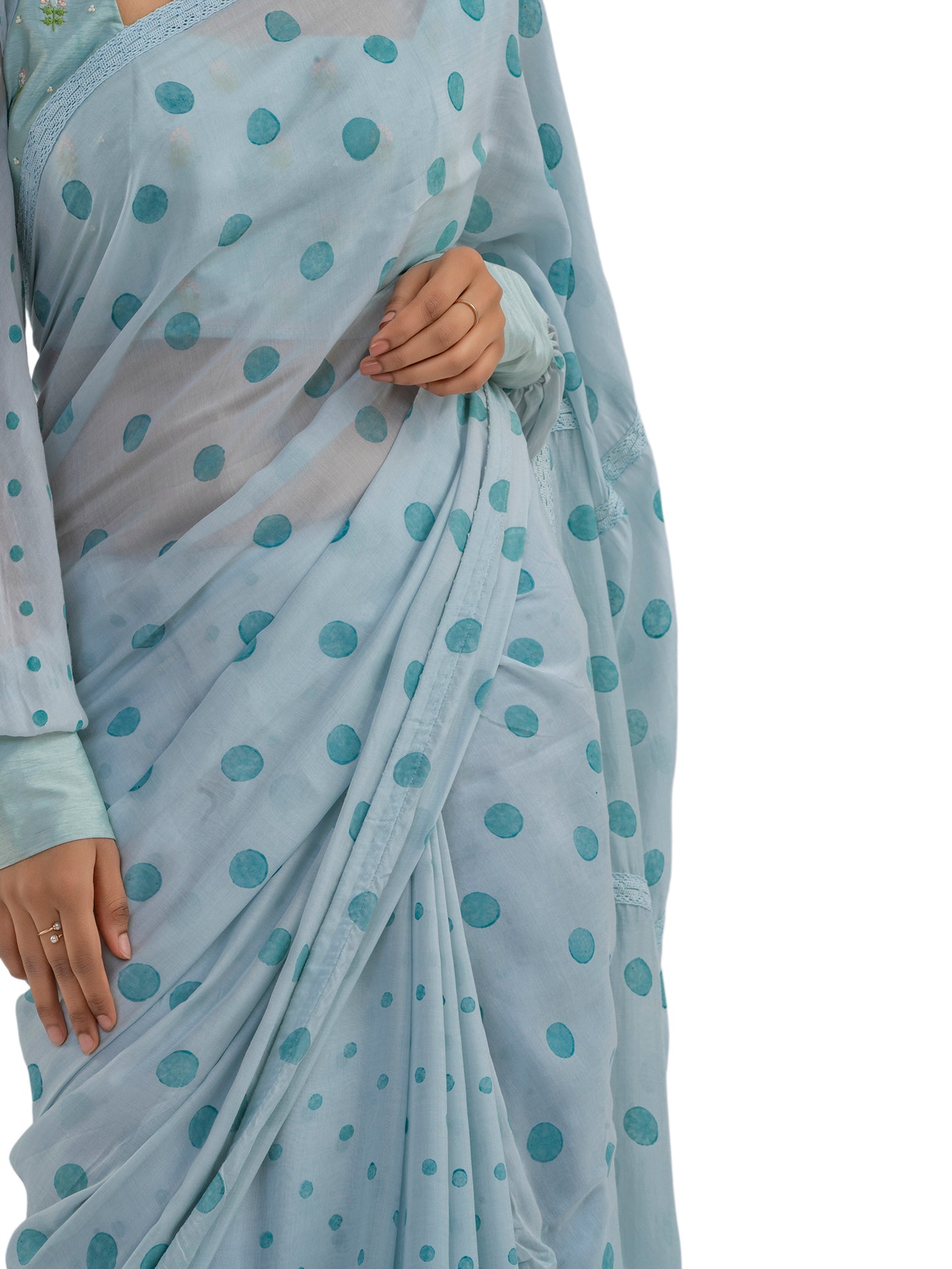 PASTEL BLUE POLKA PRINTED LACE SAREE