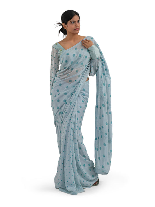 PASTEL BLUE POLKA PRINTED LACE SAREE