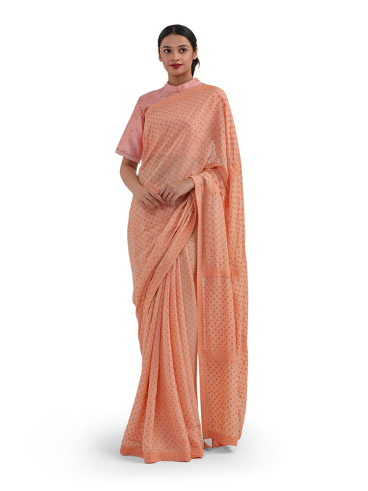 PEACH POLKA PRINTED LACE SAREE