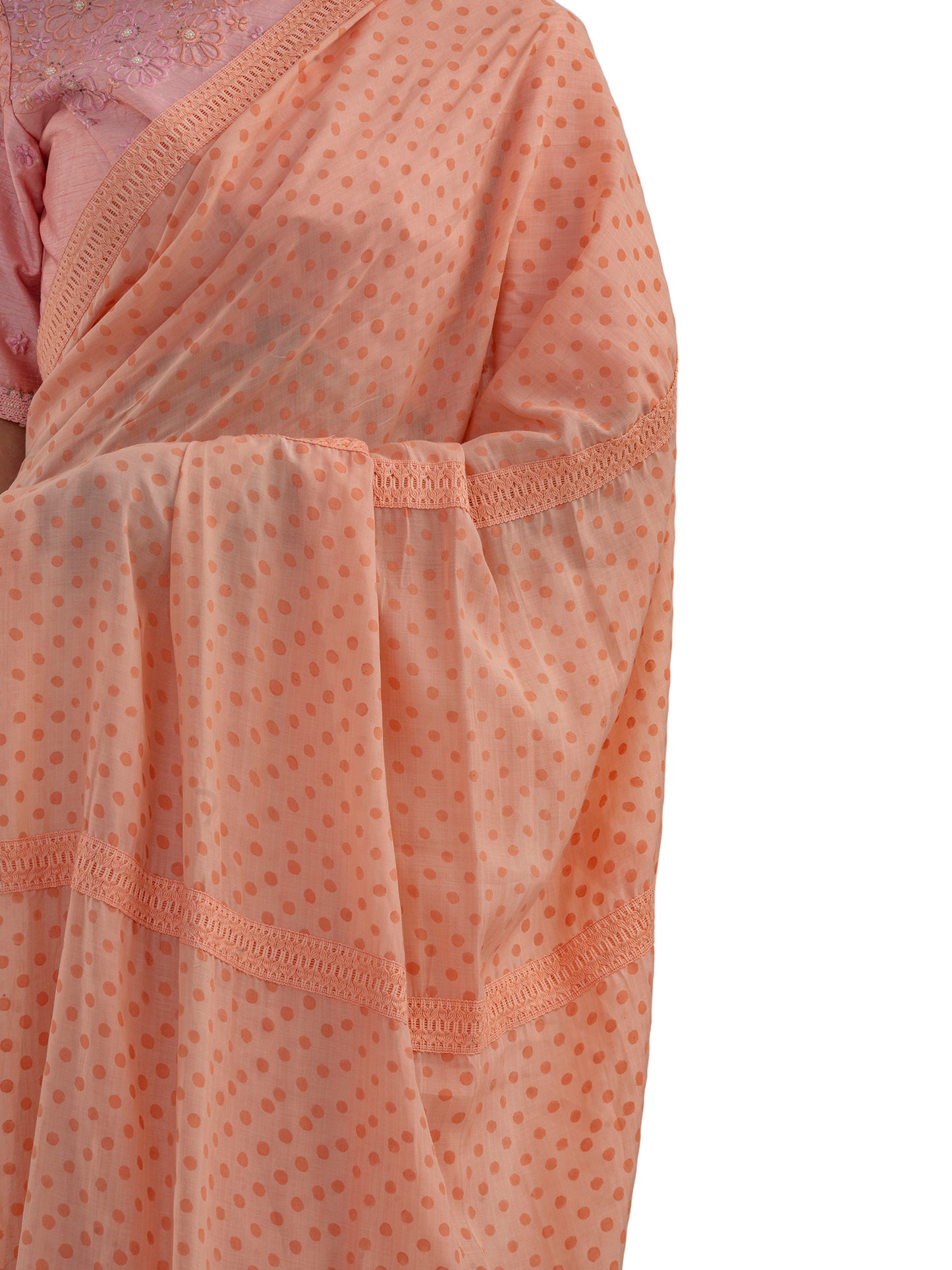 PEACH POLKA PRINTED LACE SAREE