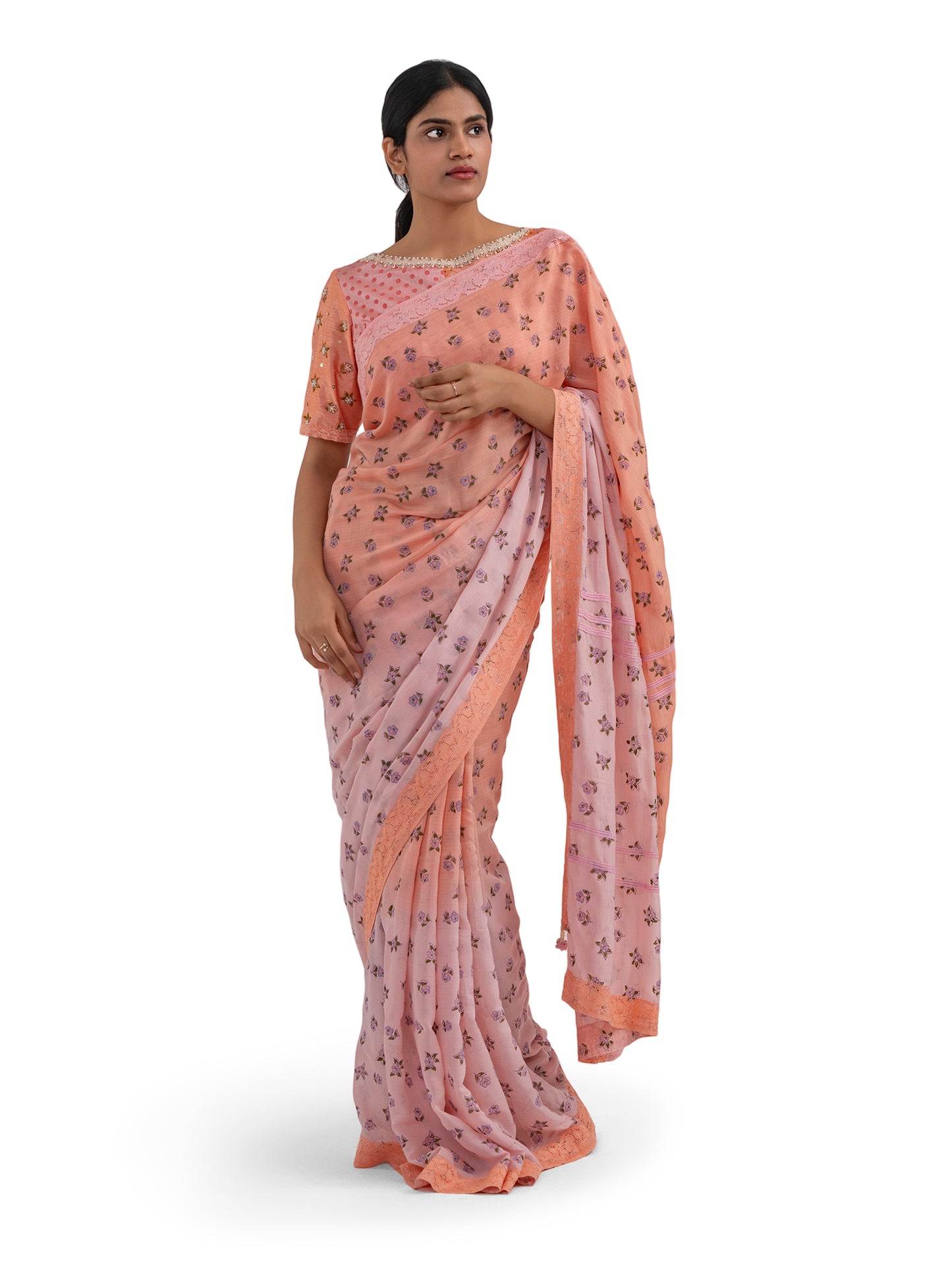 PEACH AND PASTEL PINK FLORAL PRINTED COLOUR BLOCK SAREE