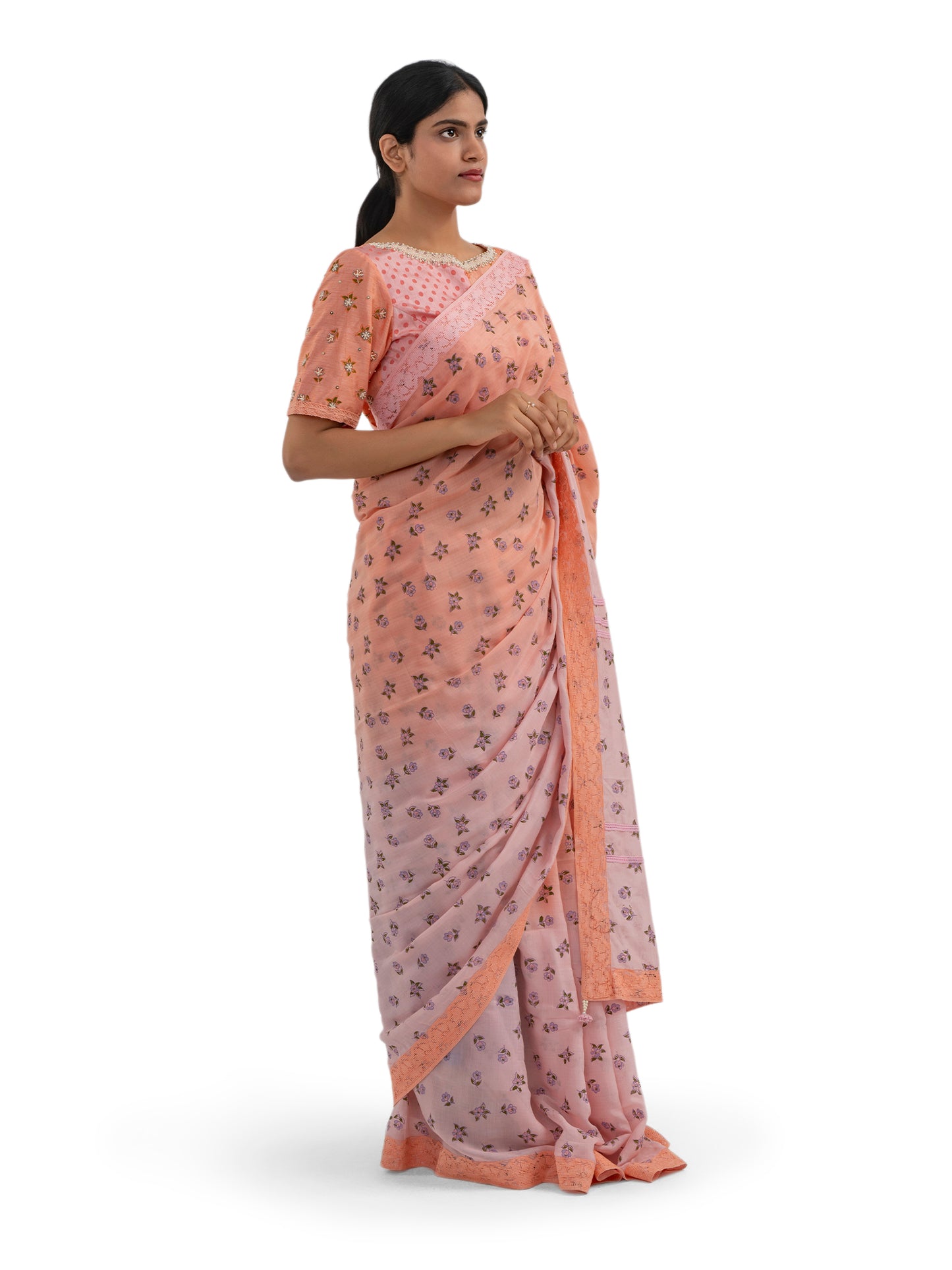 PEACH AND PASTEL PINK FLORAL PRINTED COLOUR BLOCK SAREE